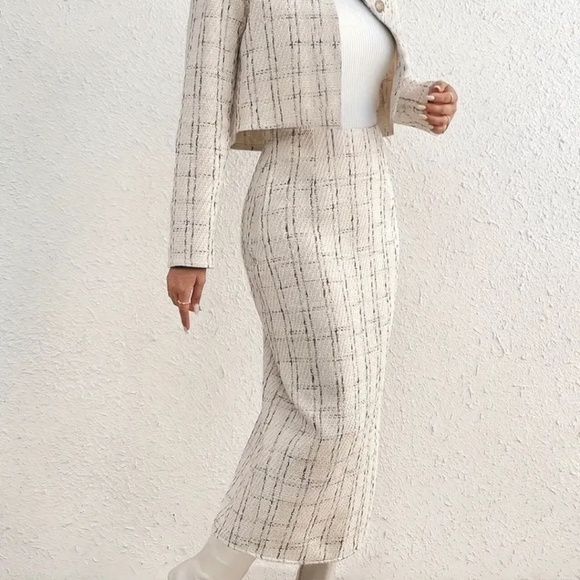 Elegant Plaid Pattern Skirt Set, Single Breasted Long Sleeve Jacket & High Waist - Picture 2 of 4